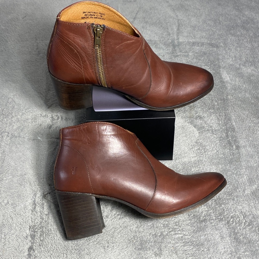 Frye Ankle Boots Women 9 Brown Sacha Moto Shootie Leather Block Heel Pointed Toe